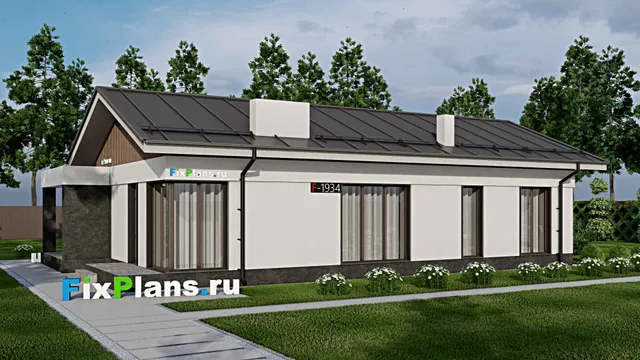 Проект одноэтажного дома 9 на 16, площадью 130 м² с террасой и 4 спальнями