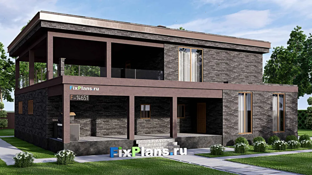 Проект двухэтажного дома 16 на 18, площадью 410 м² с террасой, балконом, гаражом на 2 машины и 4 спальнями — фасад 1