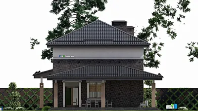 Проект двухэтажного дома 12 на 28, площадью 270 м² с террасой, баней, гаражом на 1 машину и 5 спальнями — фасад 5