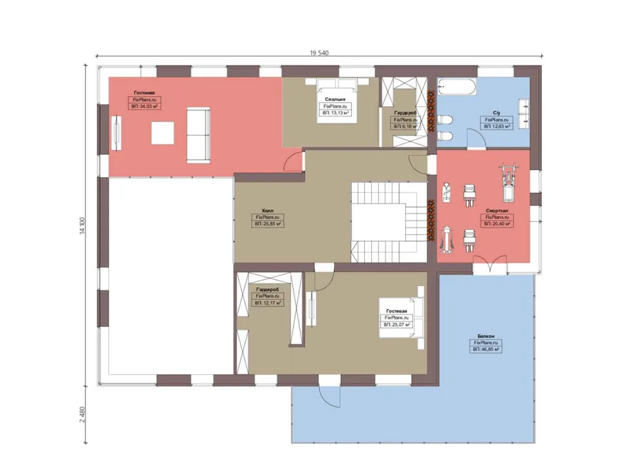 Проект двухэтажного дома 15 на 20, площадью 460 м² с балконом, гаражом на 1 машину, спортзалом и 1 спальнями — 2-й этаж