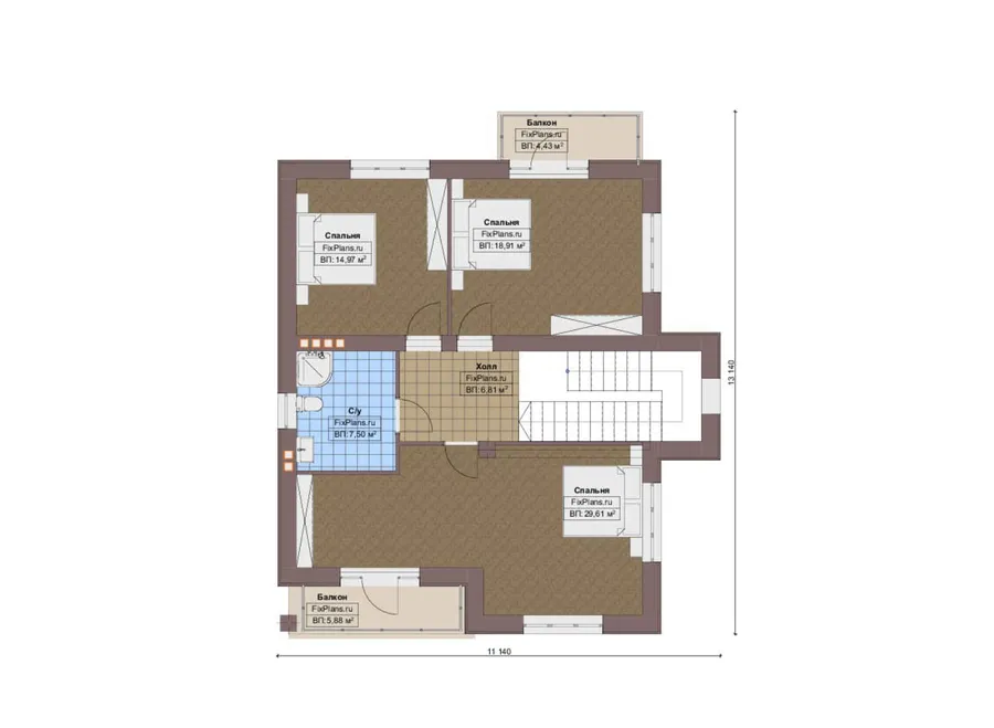 Проект двухэтажного дома 15 на 17, площадью 250 м² с террасой, балконом, гаражом на 2 машины и 4 спальнями — 2-й этаж