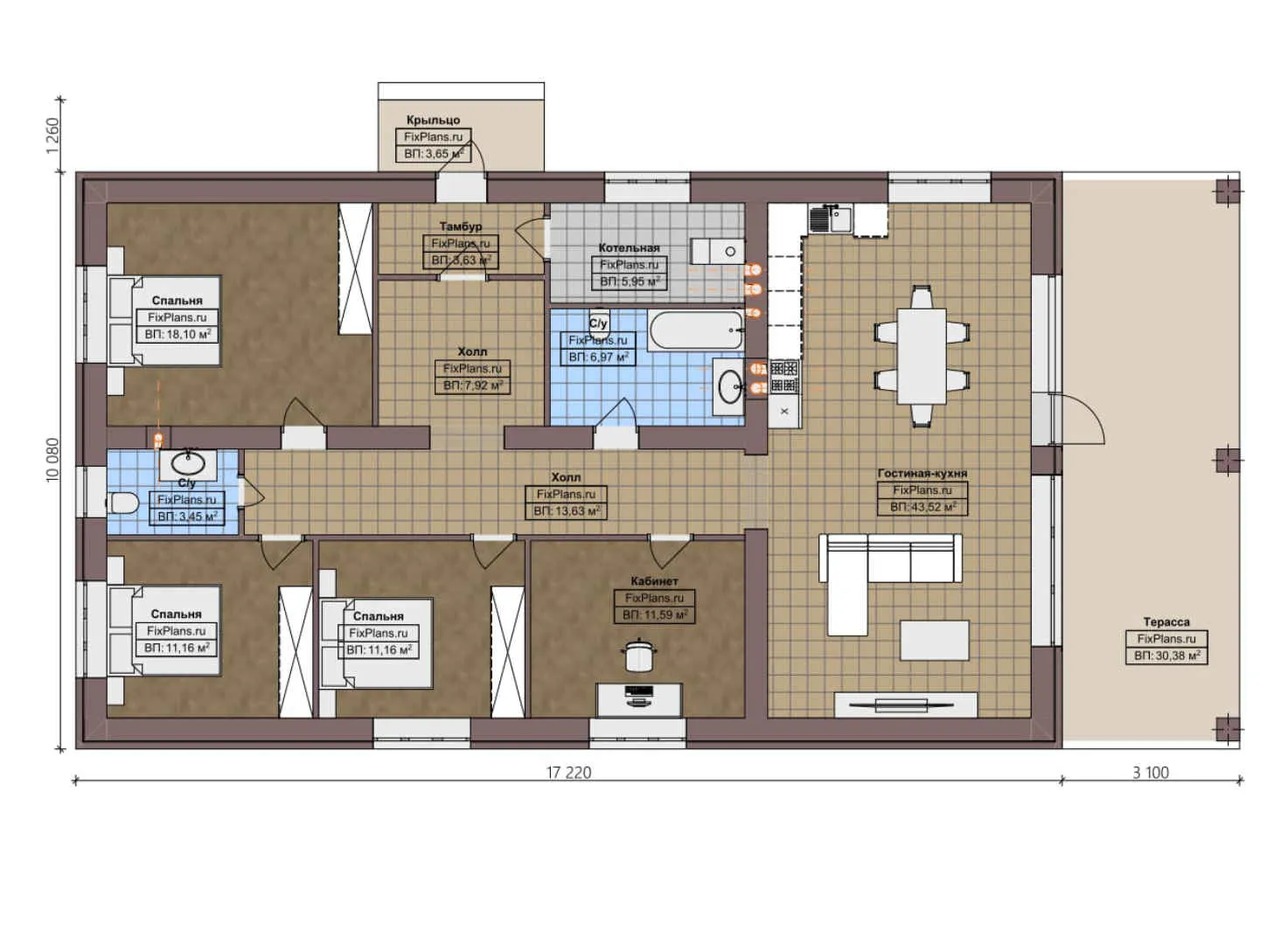 F-4841 - План одноэтажного дома 11 на 18, площадью 180 м² с террасой и 3 спальнями