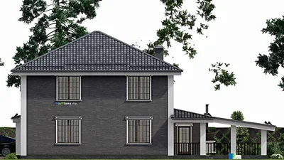 Проект двухэтажного дома 18 на 19, площадью 320 м² с террасой, гаражом на 2 машины и 3 спальнями — фасад 5
