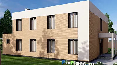 Проект двухэтажного дома 19 на 21, площадью 490 м² с террасой, балконом, баней, спортзалом и 8 спальнями — фасад 2