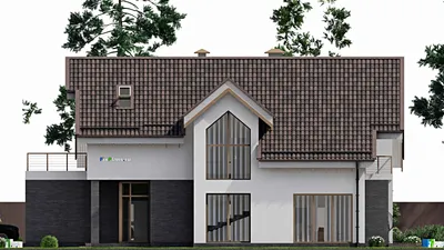 Проект дома с мансардой 11 на 20, площадью 240 м² с террасой, балконом, гаражом на 1 машину и 3 спальнями — фасад 5
