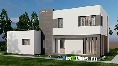 Проект двухэтажного дома 12 на 16, площадью 220 м² с террасой, гаражом на 2 машины и 3 спальнями — фасад 2