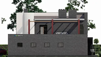 Проект двухэтажного дома 14 на 16, площадью 350 м² с террасой, балконом, баней, гаражом на 1 машину и 5 спальнями — фасад 5