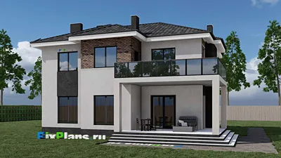 Проект двухэтажного дома 14 на 15, площадью 250 м² с террасой, балконом, вторым светом и 5 спальнями — фасад 2
